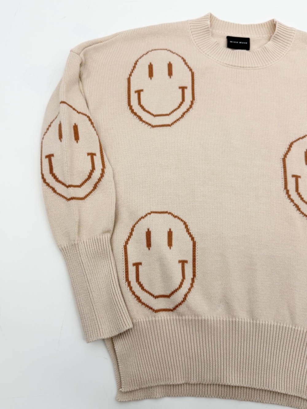 Miou Muse Smiley Face Sweater Cream/Tan Oversized Knit Pullover Small
